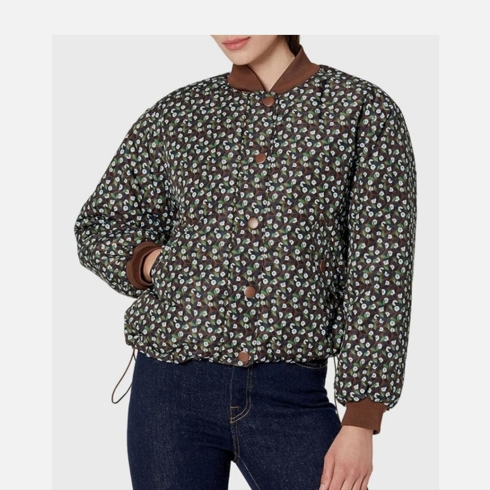 Women's Padded Cropped Bomber Jacket, Deep Brown, Graphic Floral